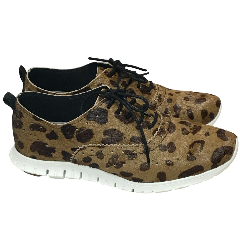 Cole Haan Zerogrand Leopard Print Calf Hair Wingtip Oxford Shoes Brown‎ Womens